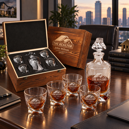 Real Estate Company Gifts – Twisted Decanter Set with 4 Glasses & Wooden Box – image 16