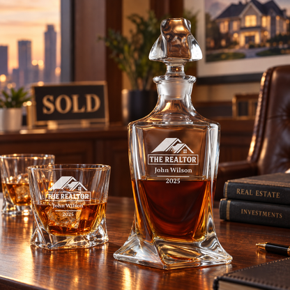 Real Estate Company Gifts – Twisted Decanter Set with 4 Glasses & Wooden Box – image 18