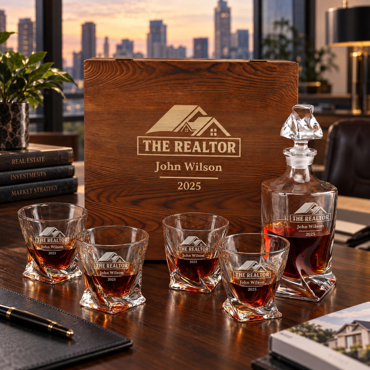Real Estate Company Gifts – Twisted Decanter Set with 4 Glasses & Wooden Box product image