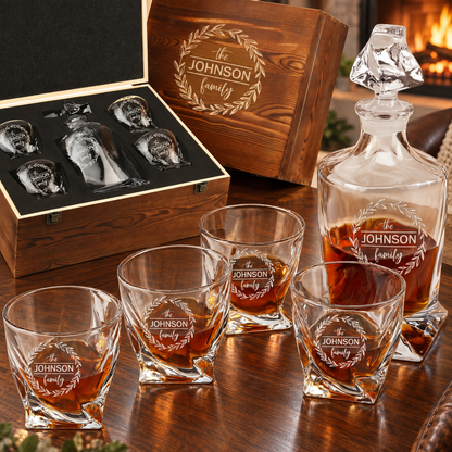 Family Gift – Twisted Decanter Set with 4 Glasses & Wooden Box – image 01