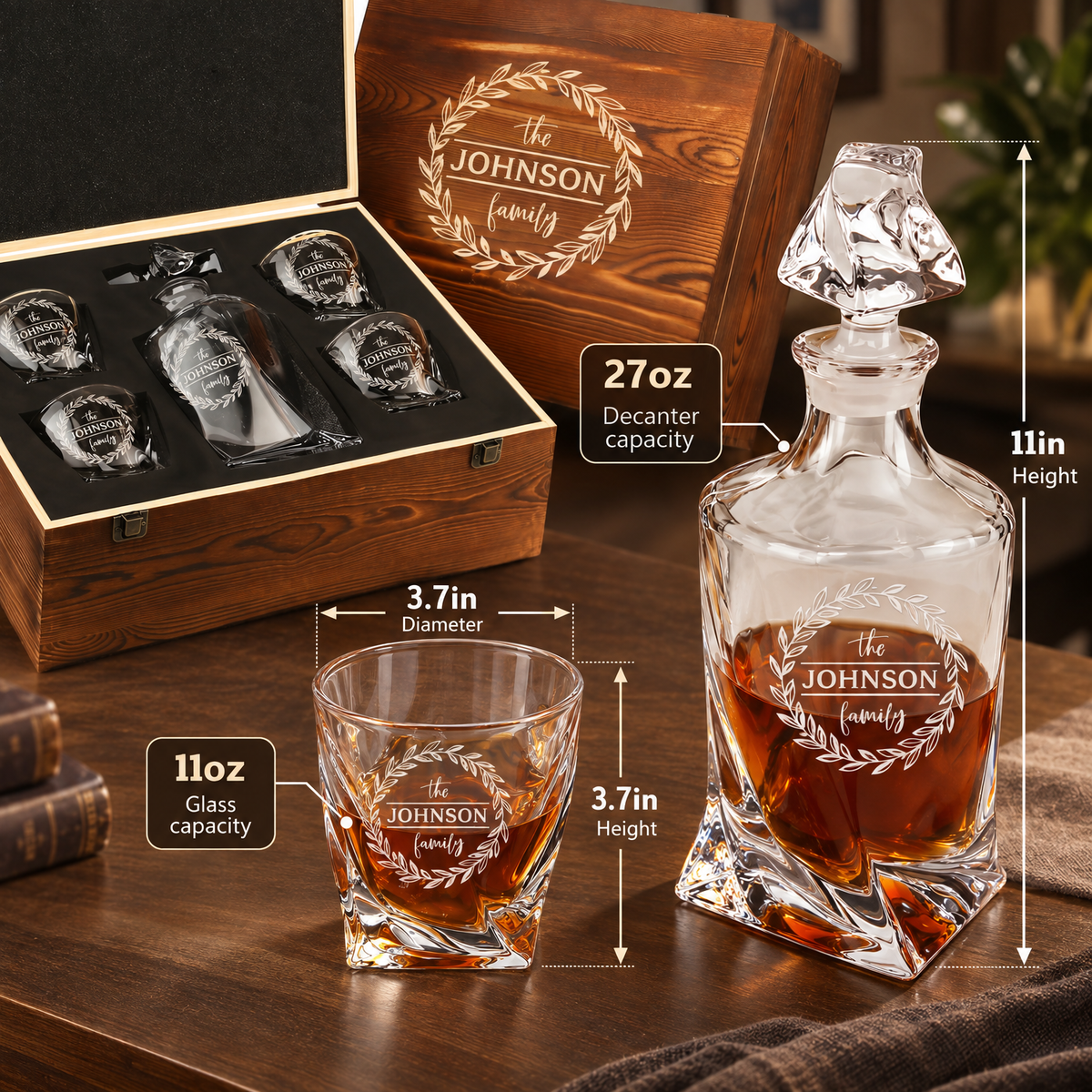 Family Gift – Twisted Decanter Set with 4 Glasses & Wooden Box product image