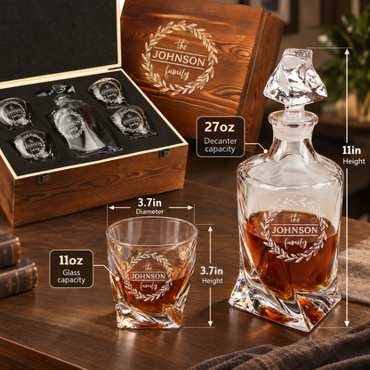 Family Gift – Twisted Decanter Set with 4 Glasses & Wooden Box – image 02