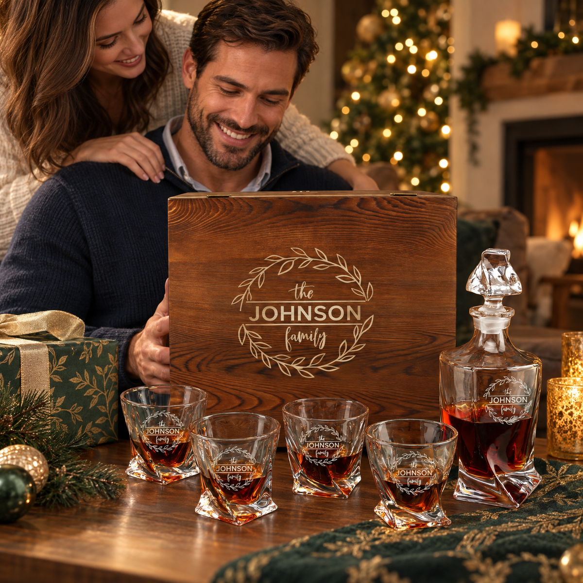 Family Gift – Twisted Decanter Set with 4 Glasses & Wooden Box – image 04