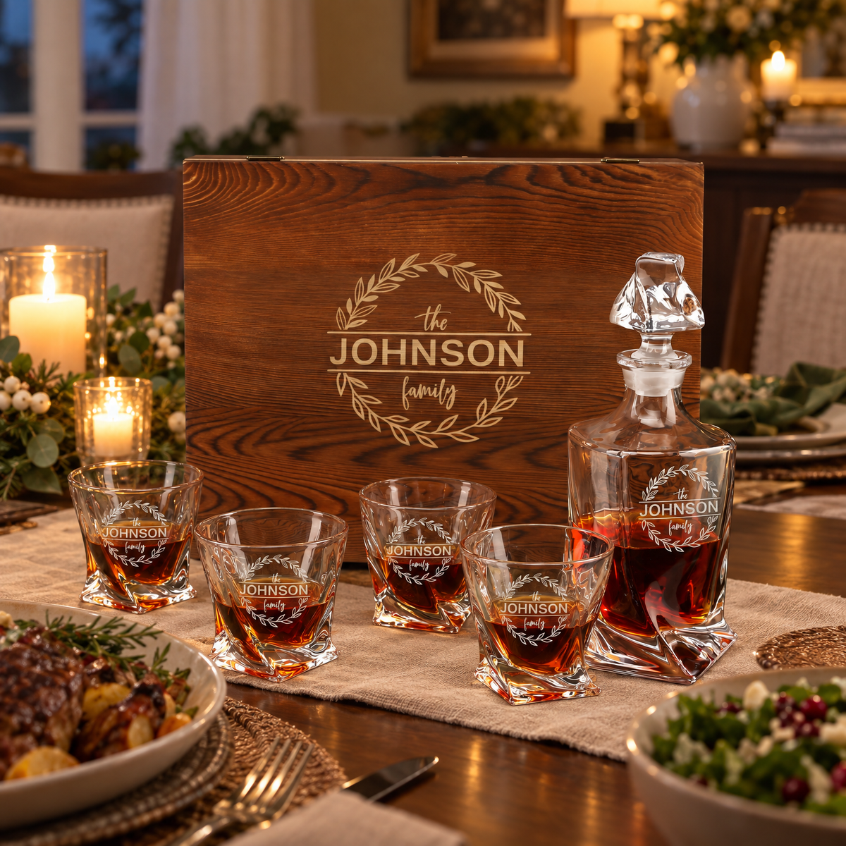 Family Gift – Twisted Decanter Set with 4 Glasses & Wooden Box product image