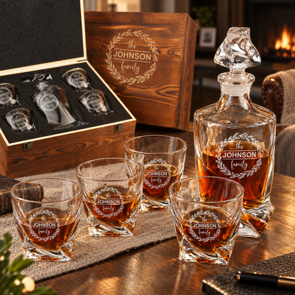 Family Gift – Twisted Decanter Set with 4 Glasses & Wooden Box – image 10