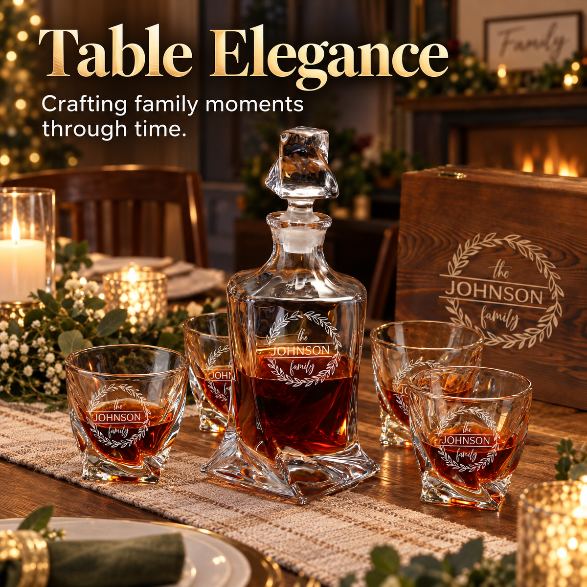 Family Gift – Twisted Decanter Set with 4 Glasses & Wooden Box product image