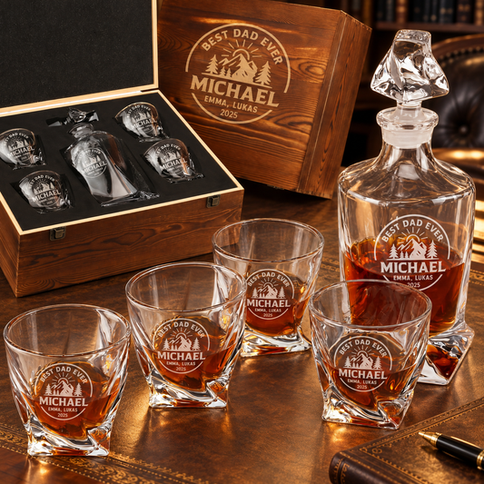 Gift for Father – Twisted Decanter Set with 4 Glasses & Wooden Box – image 01