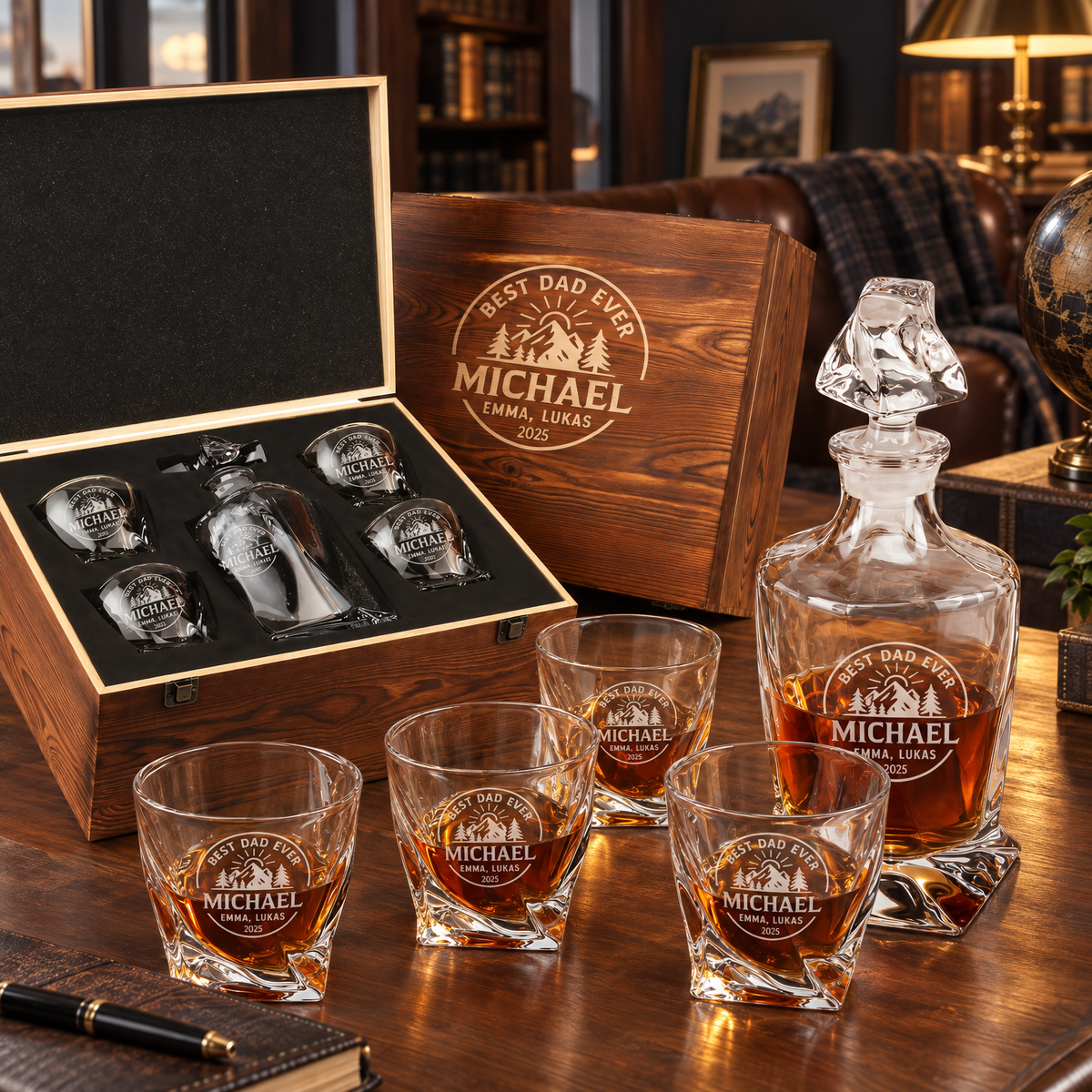 Gift for Father – Twisted Decanter Set with 4 Glasses & Wooden Box – image 16