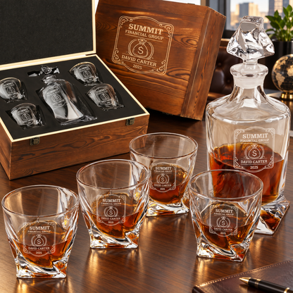 Finance Company Gifts – Twisted Decanter Set with 4 Glasses & Wooden Box – image 01
