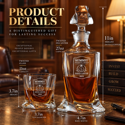 Finance Company Gifts – Twisted Decanter Set with 4 Glasses & Wooden Box – image 02