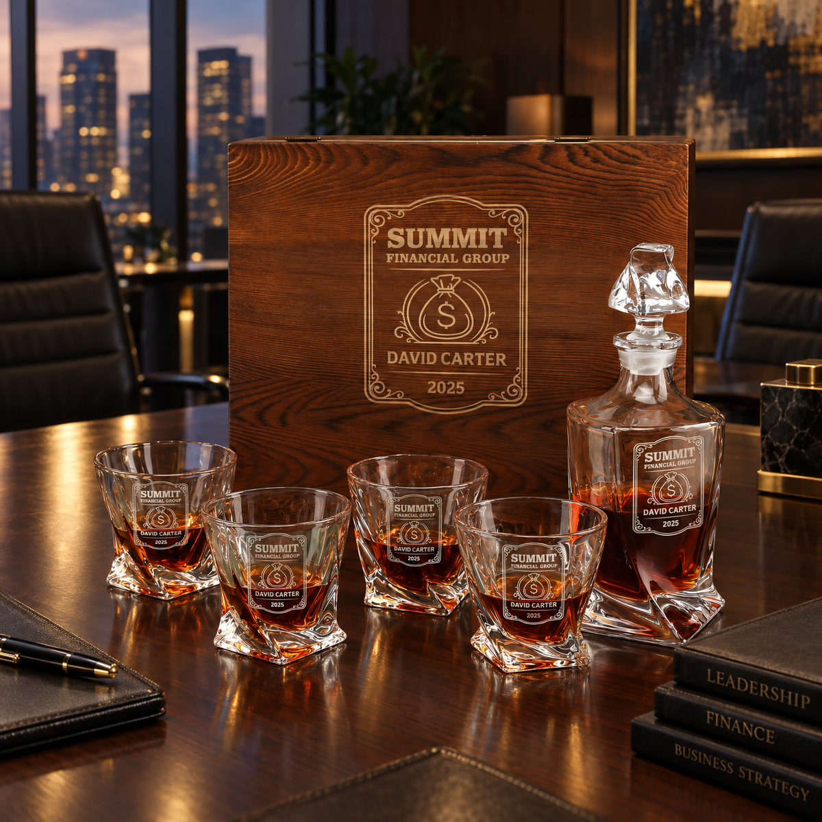 Finance Company Gifts – Twisted Decanter Set with 4 Glasses & Wooden Box product image