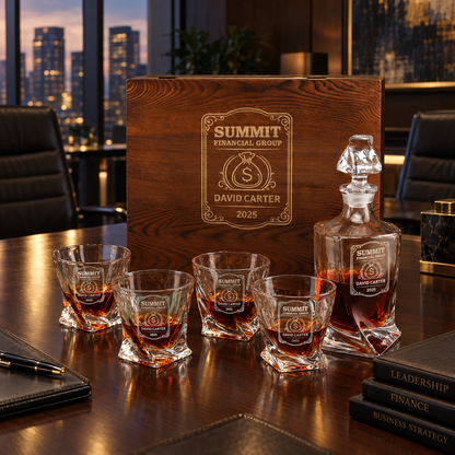 Finance Company Gifts – Twisted Decanter Set with 4 Glasses & Wooden Box – image 04