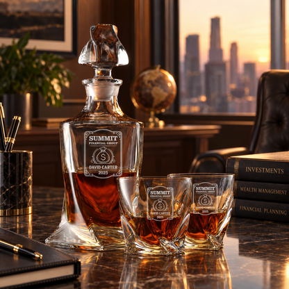 Finance Company Gifts – Twisted Decanter Set with 4 Glasses & Wooden Box – image 06