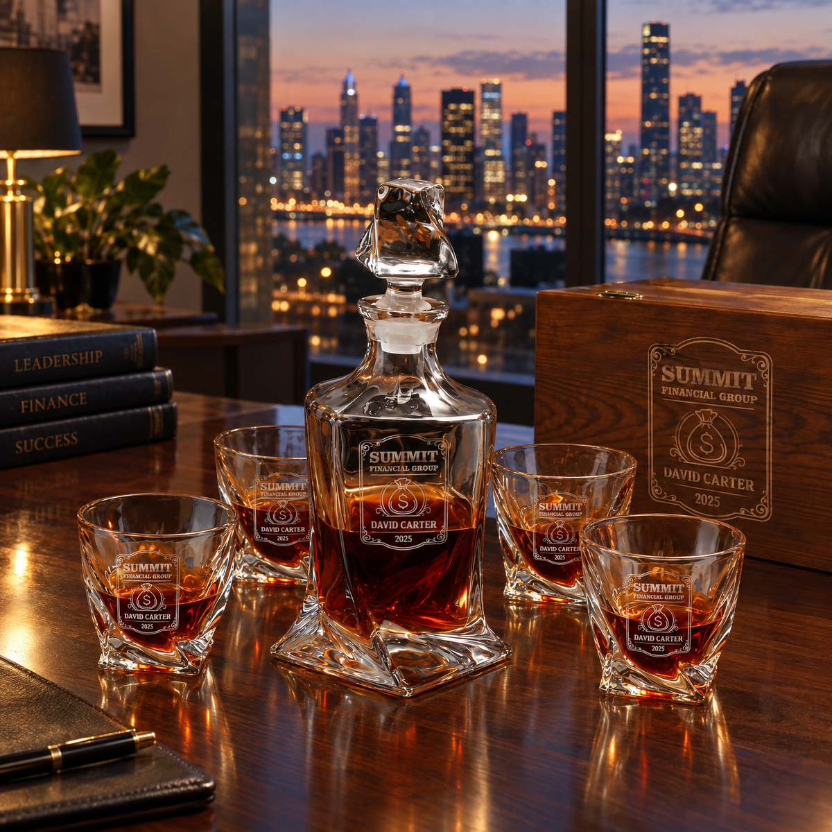 Finance Company Gifts – Twisted Decanter Set with 4 Glasses & Wooden Box product image