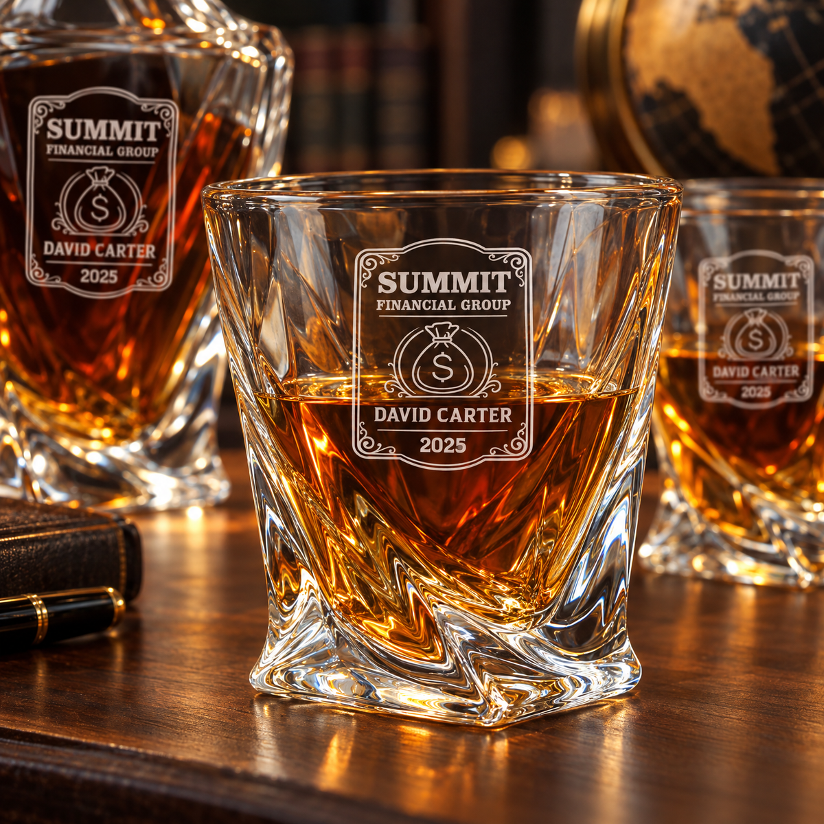 Finance Company Gifts – Twisted Decanter Set with 4 Glasses & Wooden Box product image