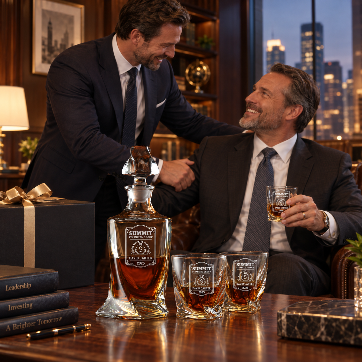 Finance Company Gifts – Twisted Decanter Set with 4 Glasses & Wooden Box product image