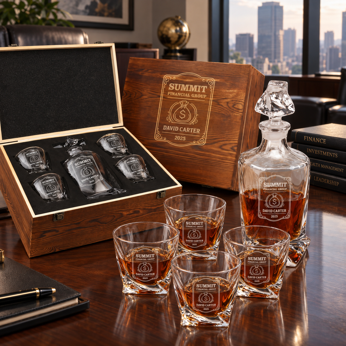 Finance Company Gifts – Twisted Decanter Set with 4 Glasses & Wooden Box product image