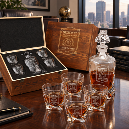 Finance Company Gifts – Twisted Decanter Set with 4 Glasses & Wooden Box – image 12