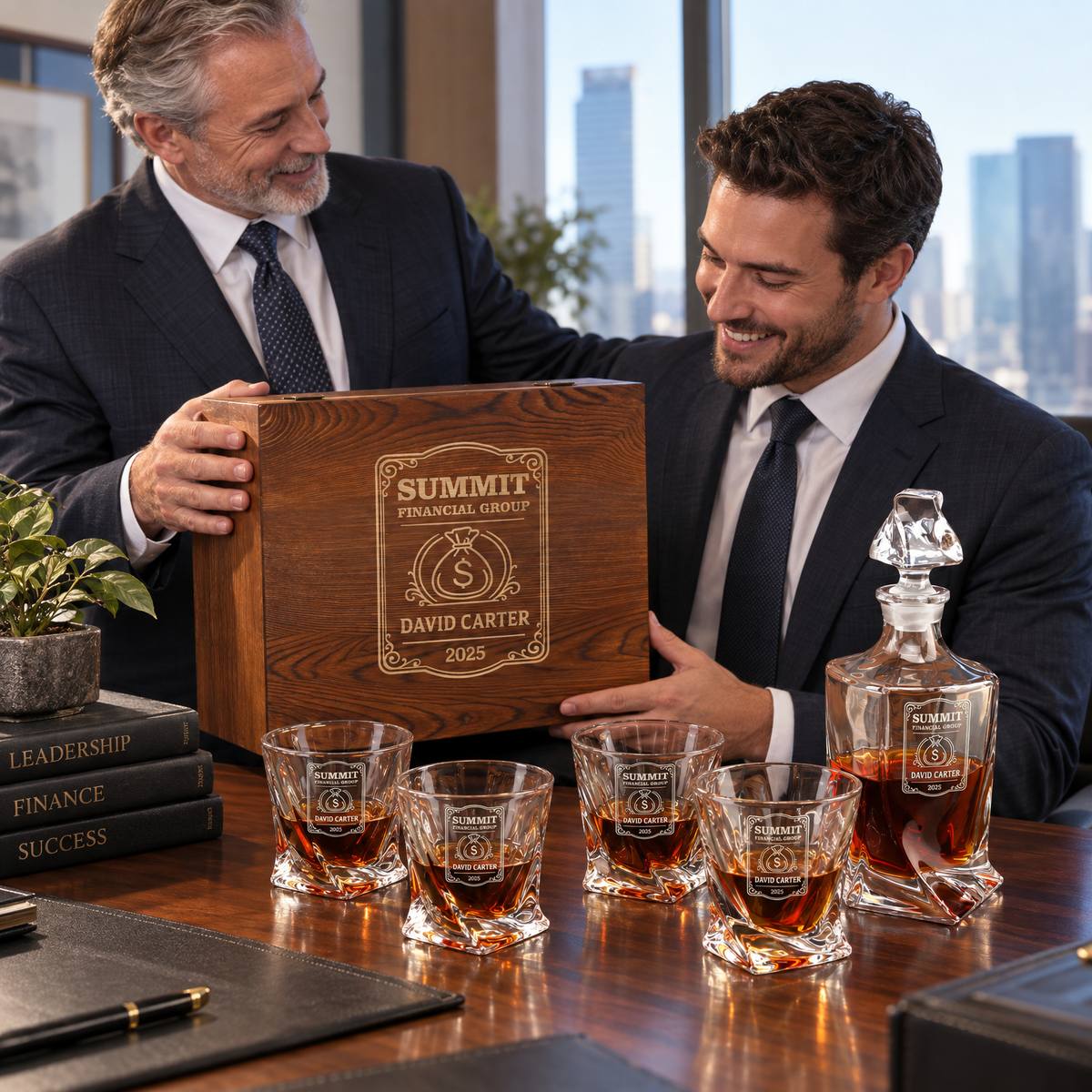 Finance Company Gifts – Twisted Decanter Set with 4 Glasses & Wooden Box – image 13