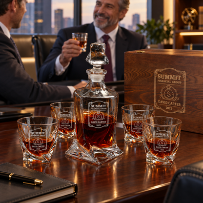 Finance Company Gifts – Twisted Decanter Set with 4 Glasses & Wooden Box – image 16