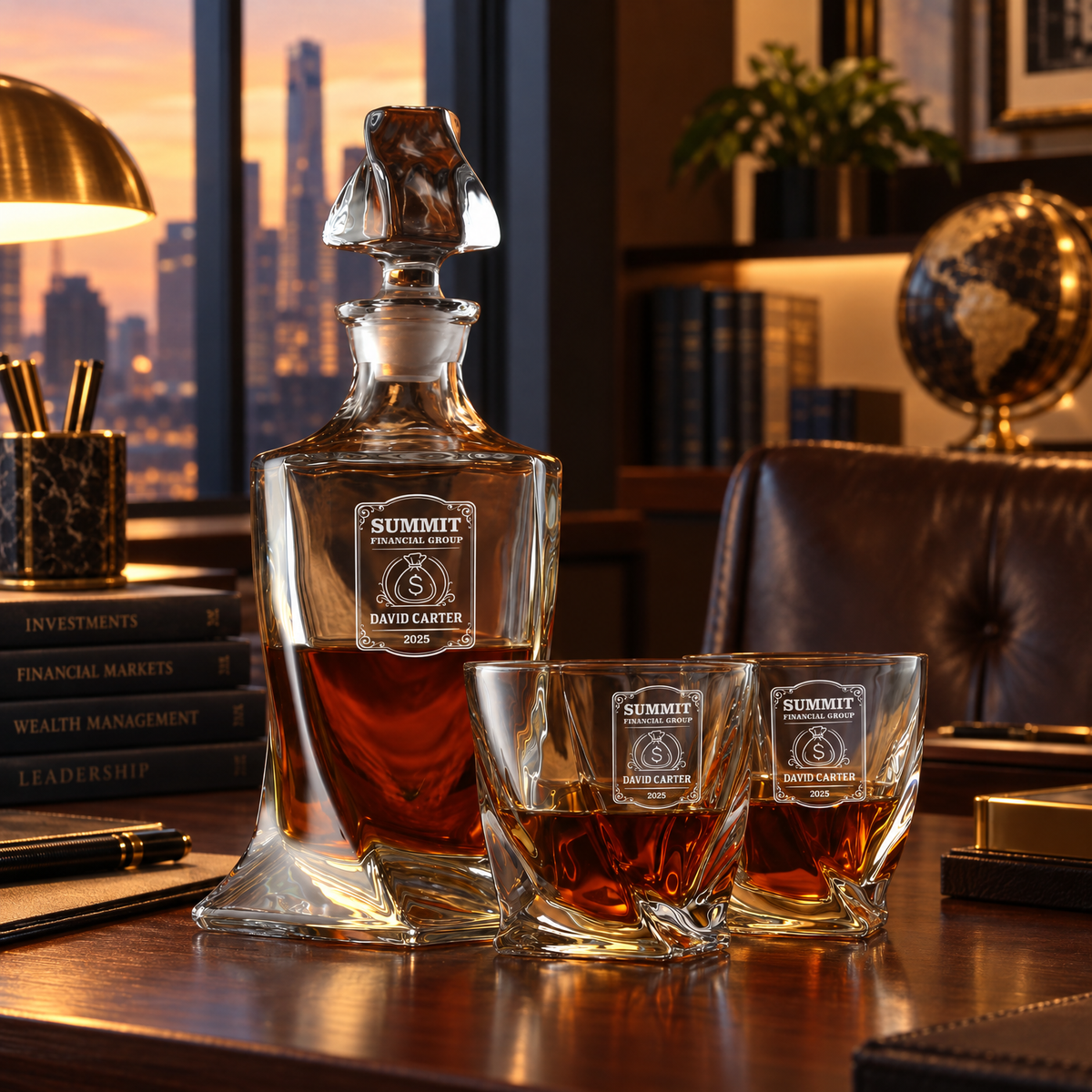 Finance Company Gifts – Twisted Decanter Set with 4 Glasses & Wooden Box product image