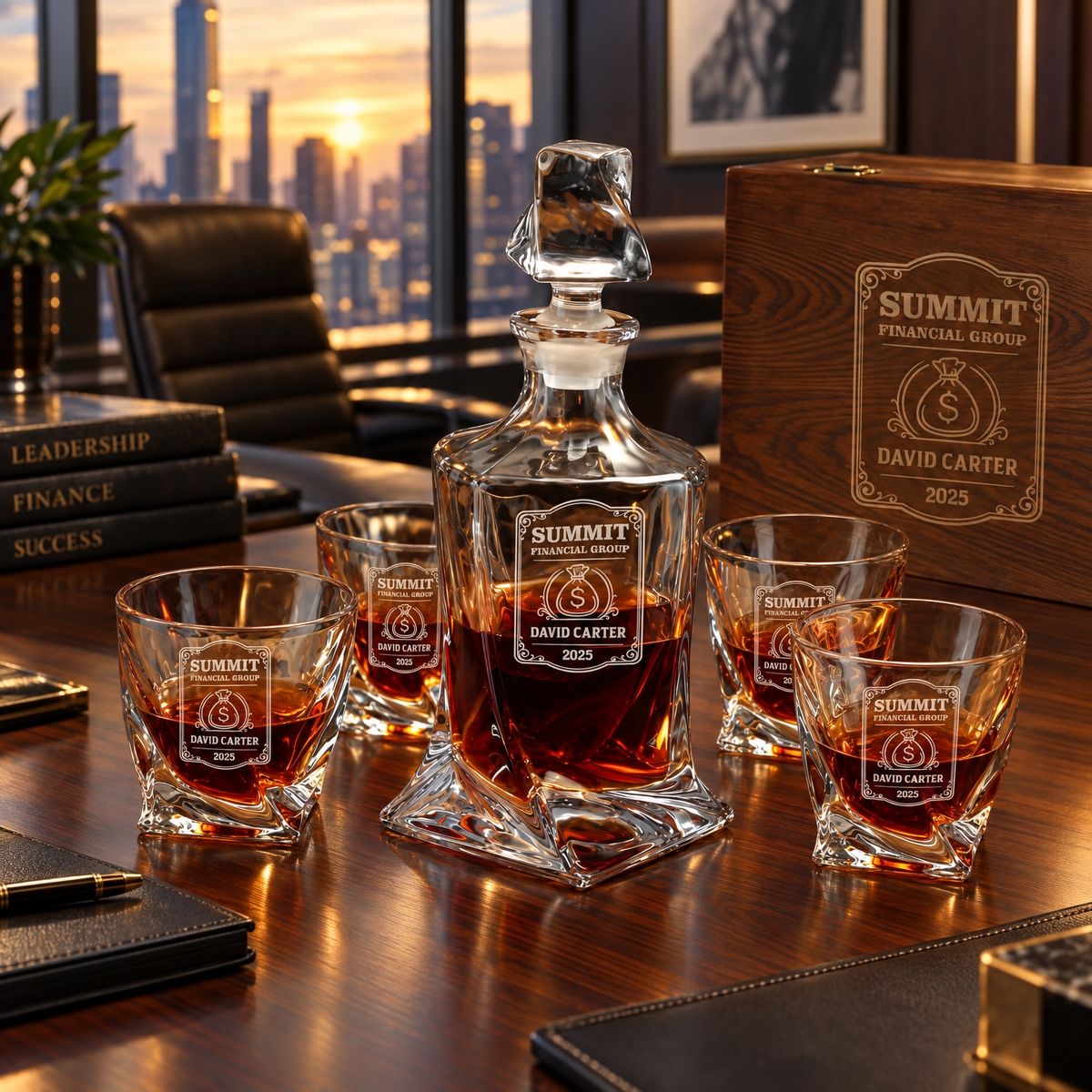 Finance Company Gifts – Twisted Decanter Set with 4 Glasses & Wooden Box product image