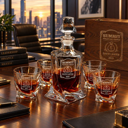 Finance Company Gifts – Twisted Decanter Set with 4 Glasses & Wooden Box – image 20