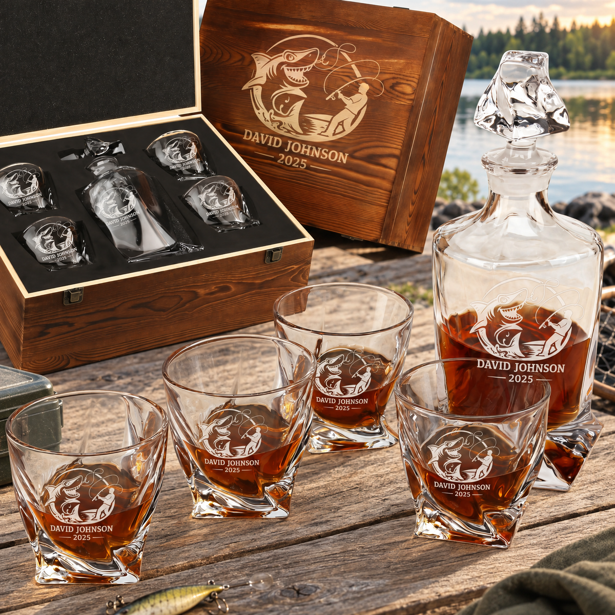 Gift for Fishermen – Twisted Decanter Set with 4 Glasses & Wooden Box – image 01