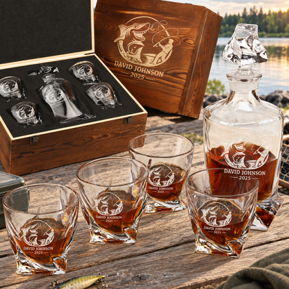 Gift for Fishermen – Twisted Decanter Set with 4 Glasses & Wooden Box – image 01