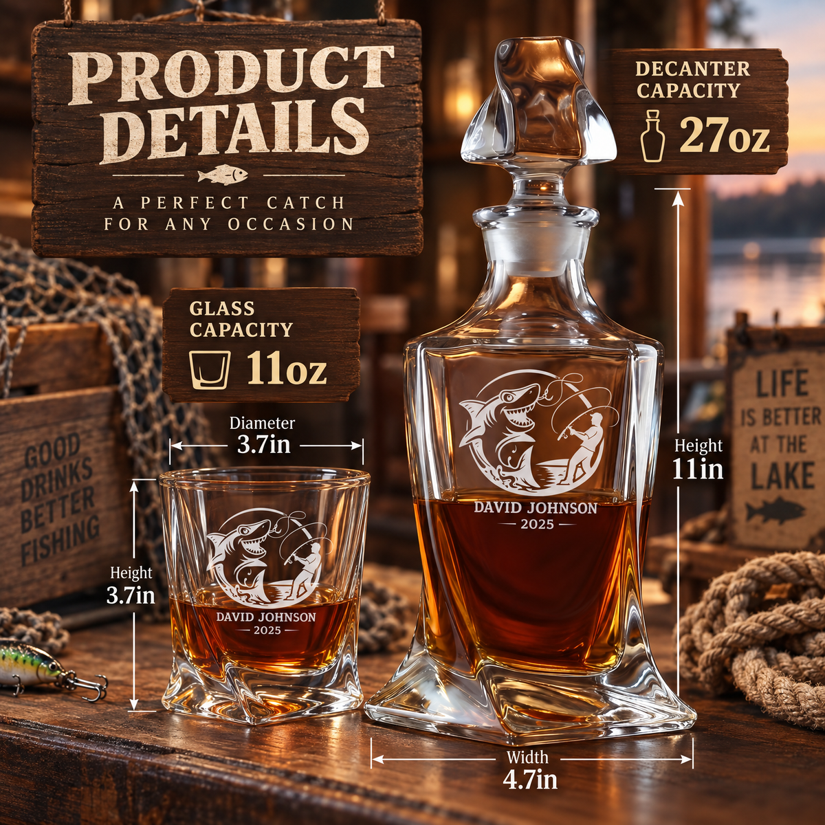Gift for Fishermen – Twisted Decanter Set with 4 Glasses & Wooden Box product image