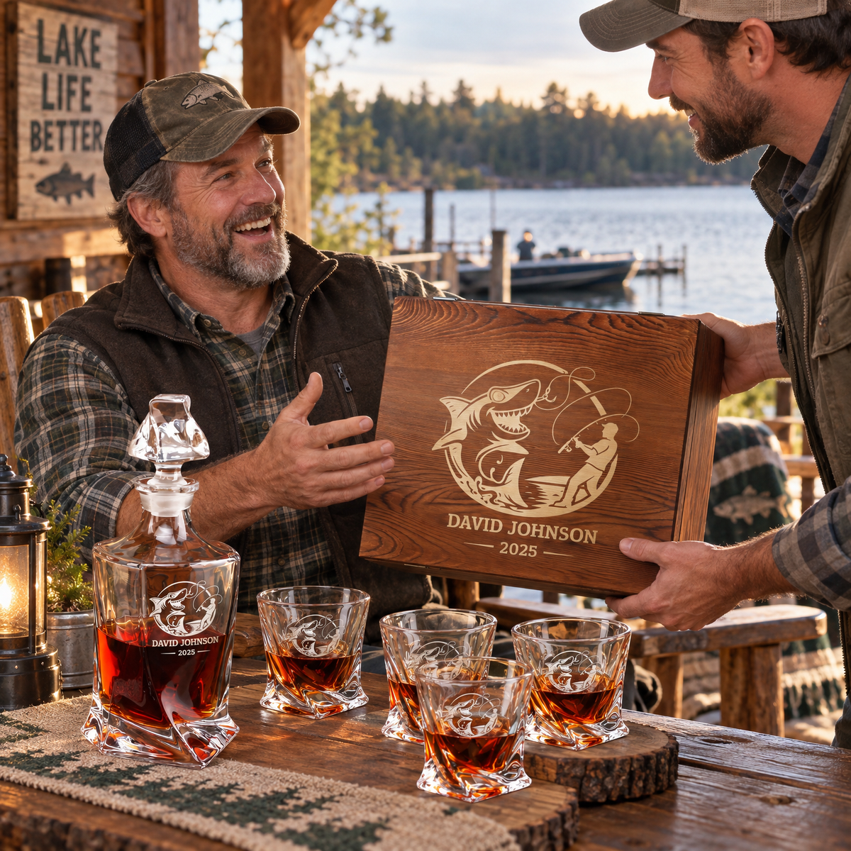 Gift for Fishermen – Twisted Decanter Set with 4 Glasses & Wooden Box product image