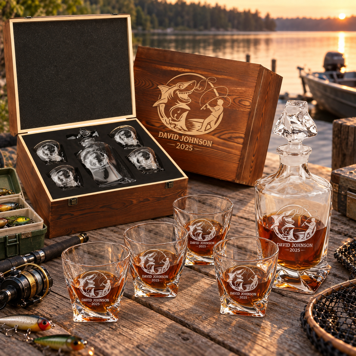 Gift for Fishermen – Twisted Decanter Set with 4 Glasses & Wooden Box – image 04