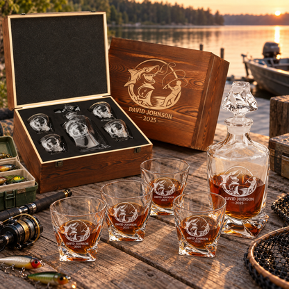Gift for Fishermen – Twisted Decanter Set with 4 Glasses & Wooden Box – image 04
