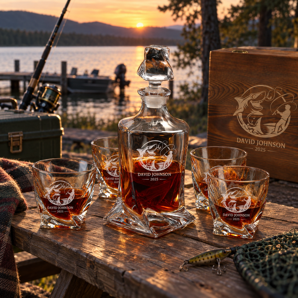 Gift for Fishermen – Twisted Decanter Set with 4 Glasses & Wooden Box product image