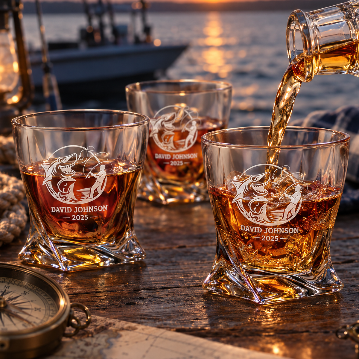 Gift for Fishermen – Twisted Decanter Set with 4 Glasses & Wooden Box product image