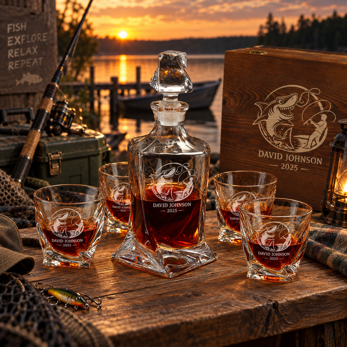 Gift for Fishermen – Twisted Decanter Set with 4 Glasses & Wooden Box – image 20