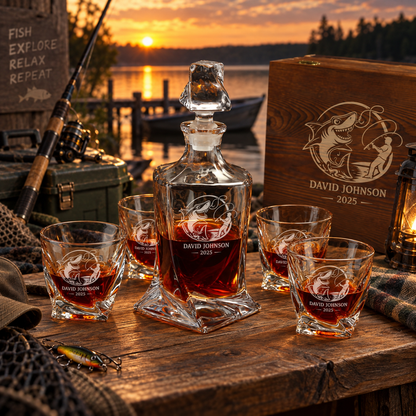 Gift for Fishermen – Twisted Decanter Set with 4 Glasses & Wooden Box – image 20