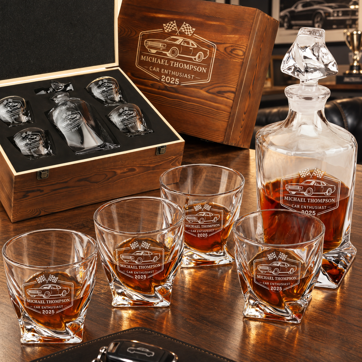 Gift for Car & Motorcycle Enthusiasts – Twisted Decanter Set with 4 Glasses & Wooden Box – image 01
