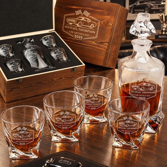 Gift for Car & Motorcycle Enthusiasts – Twisted Decanter Set with 4 Glasses & Wooden Box – image 01