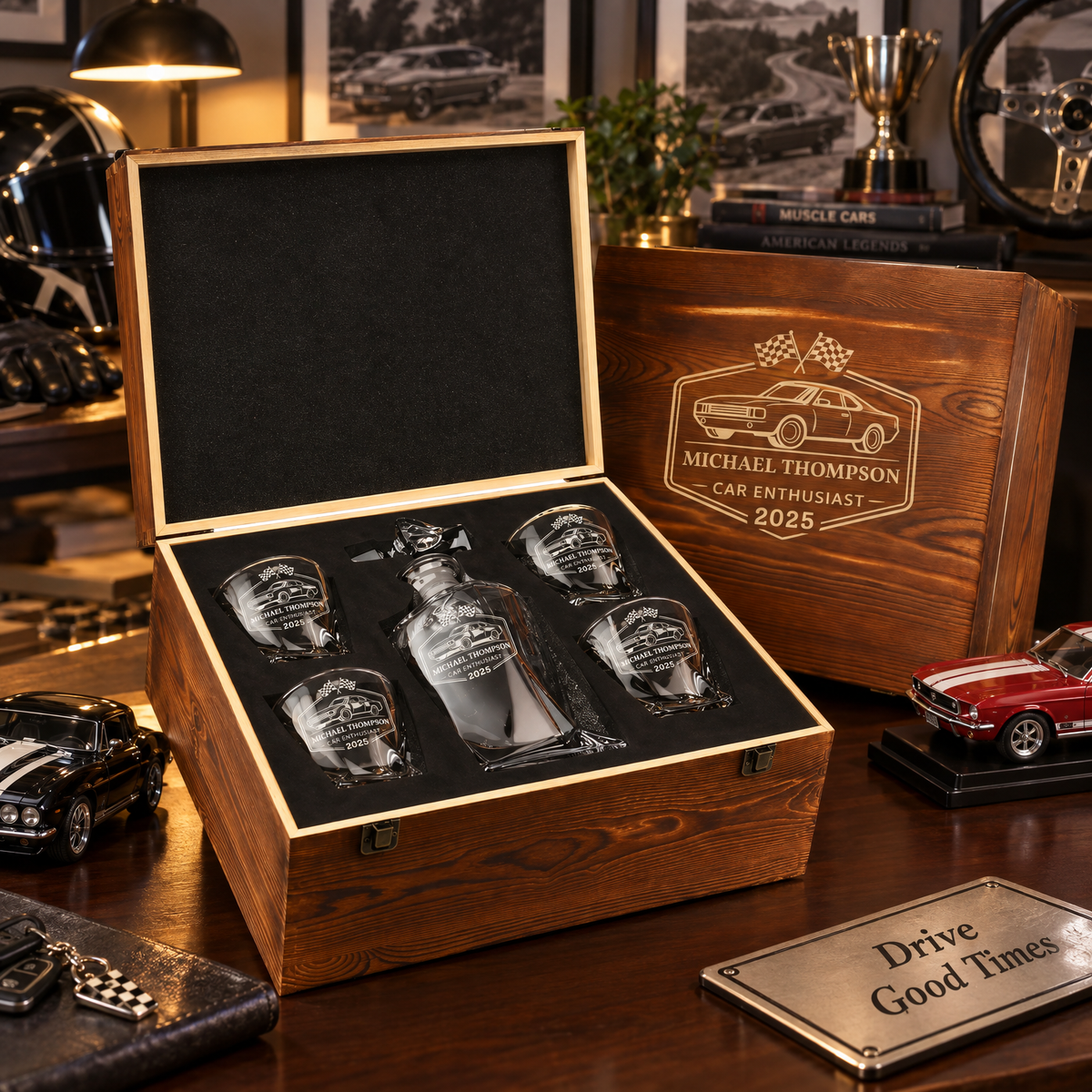 Gift for Car & Motorcycle Enthusiasts – Twisted Decanter Set with 4 Glasses & Wooden Box – image 04