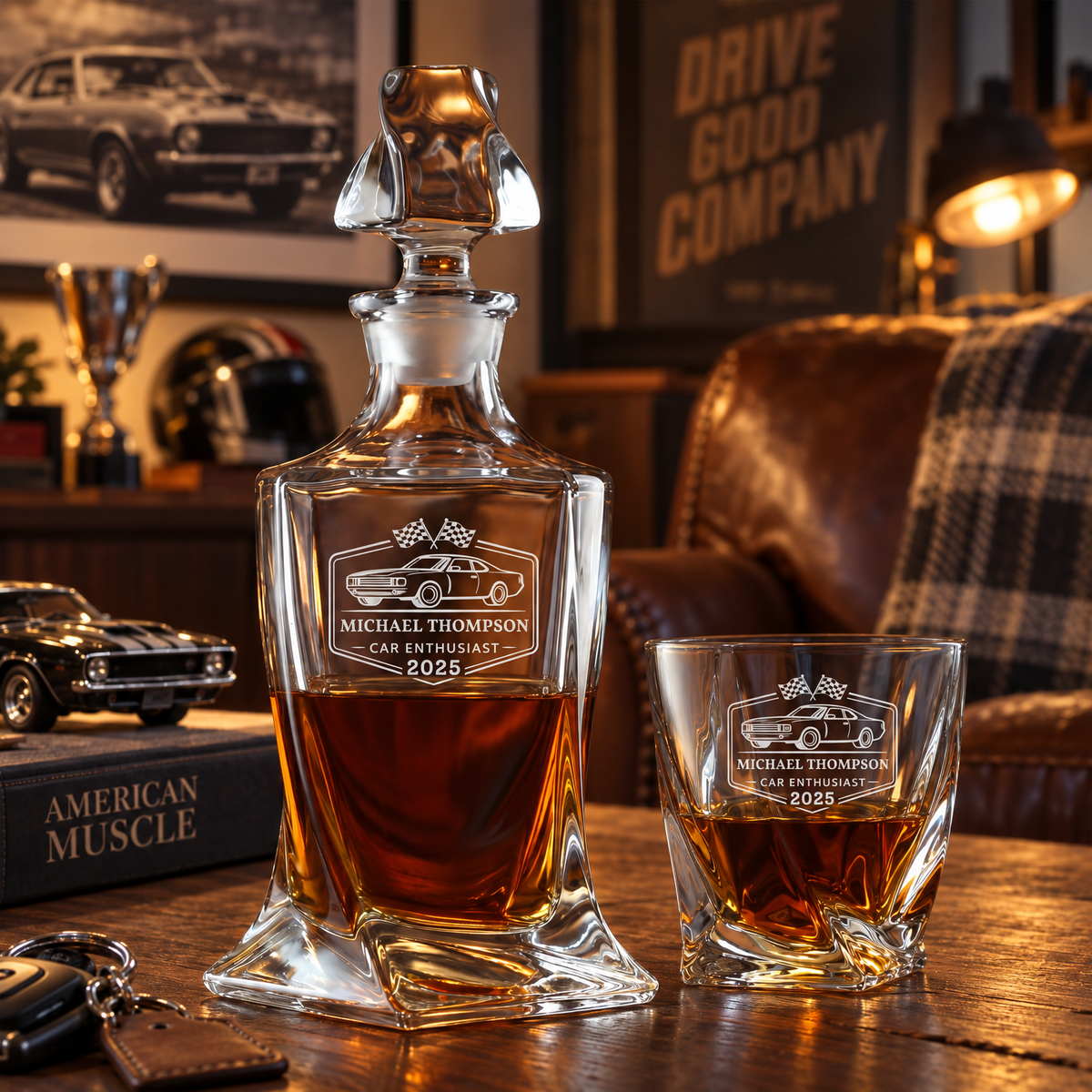 Gift for Car & Motorcycle Enthusiasts – Twisted Decanter Set with 4 Glasses & Wooden Box – image 06