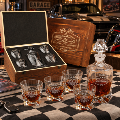 Gift for Car & Motorcycle Enthusiasts – Twisted Decanter Set with 4 Glasses & Wooden Box – image 08