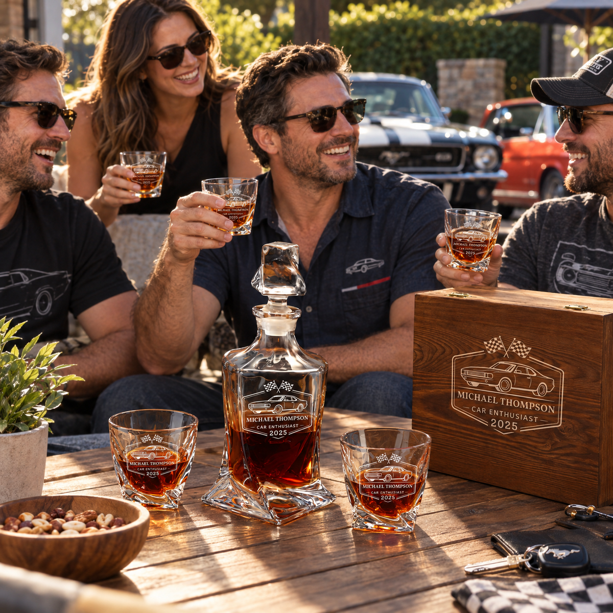 Gift for Car & Motorcycle Enthusiasts – Twisted Decanter Set with 4 Glasses & Wooden Box – image 09