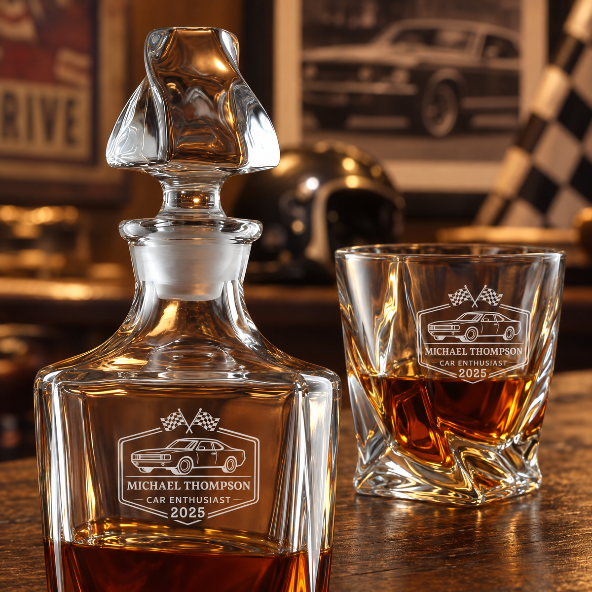 Gift for Car & Motorcycle Enthusiasts – Twisted Decanter Set with 4 Glasses & Wooden Box – image 10