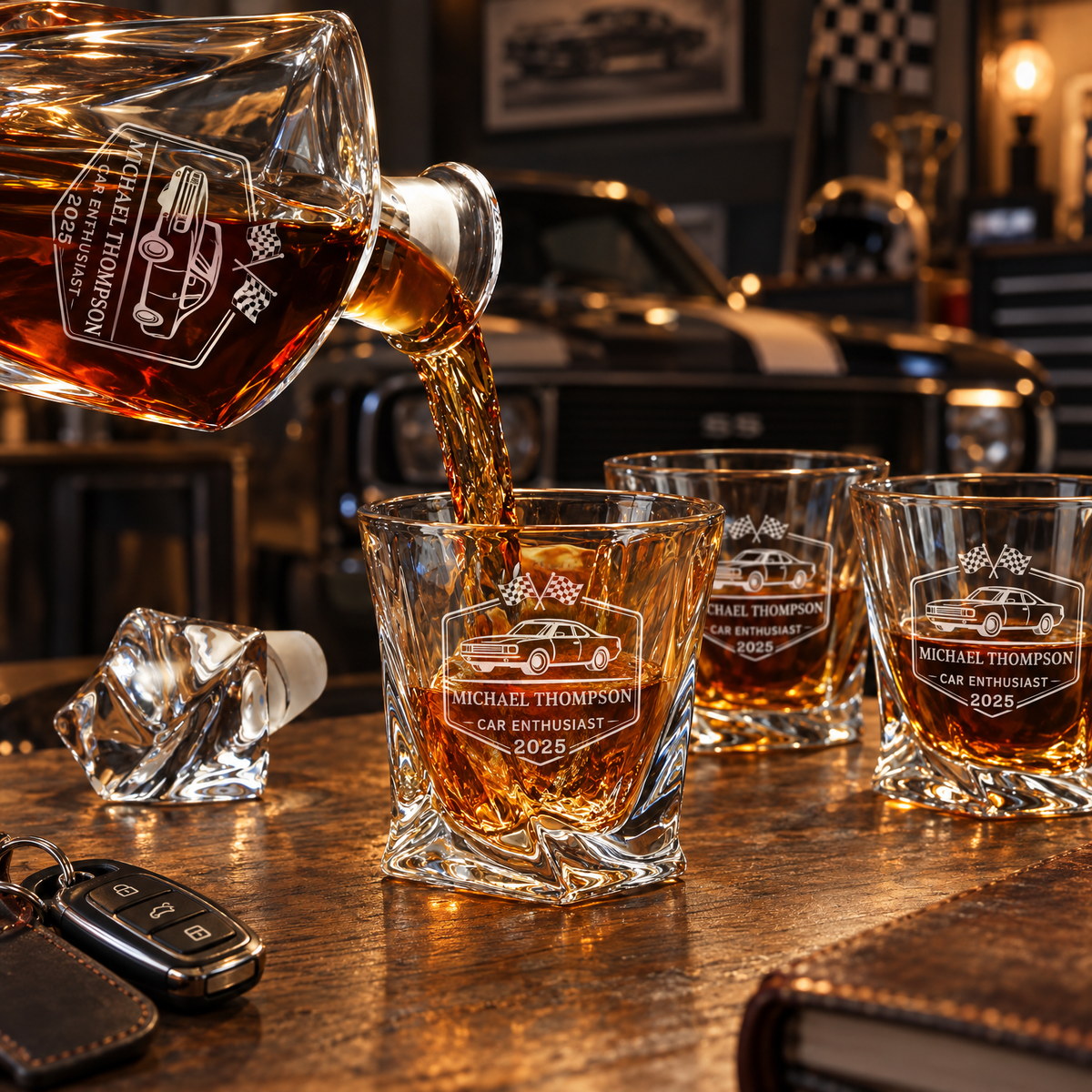 Gift for Car & Motorcycle Enthusiasts – Twisted Decanter Set with 4 Glasses & Wooden Box – image 14
