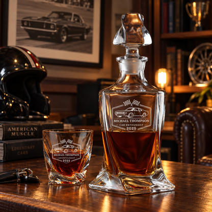 Gift for Car & Motorcycle Enthusiasts – Twisted Decanter Set with 4 Glasses & Wooden Box – image 18