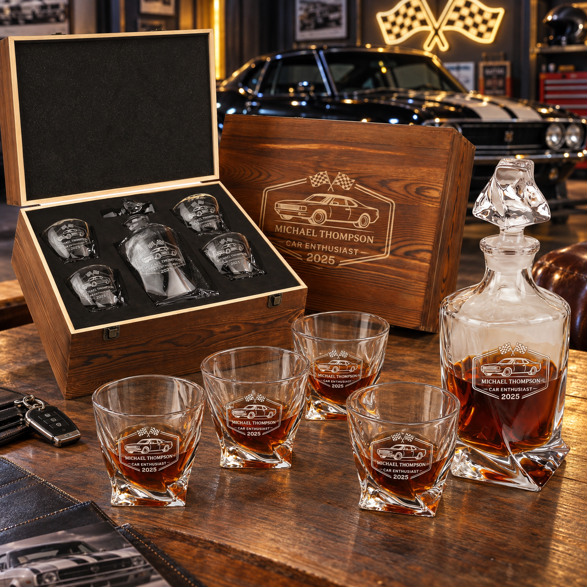 Gift for Car & Motorcycle Enthusiasts – Twisted Decanter Set with 4 Glasses & Wooden Box – image 20