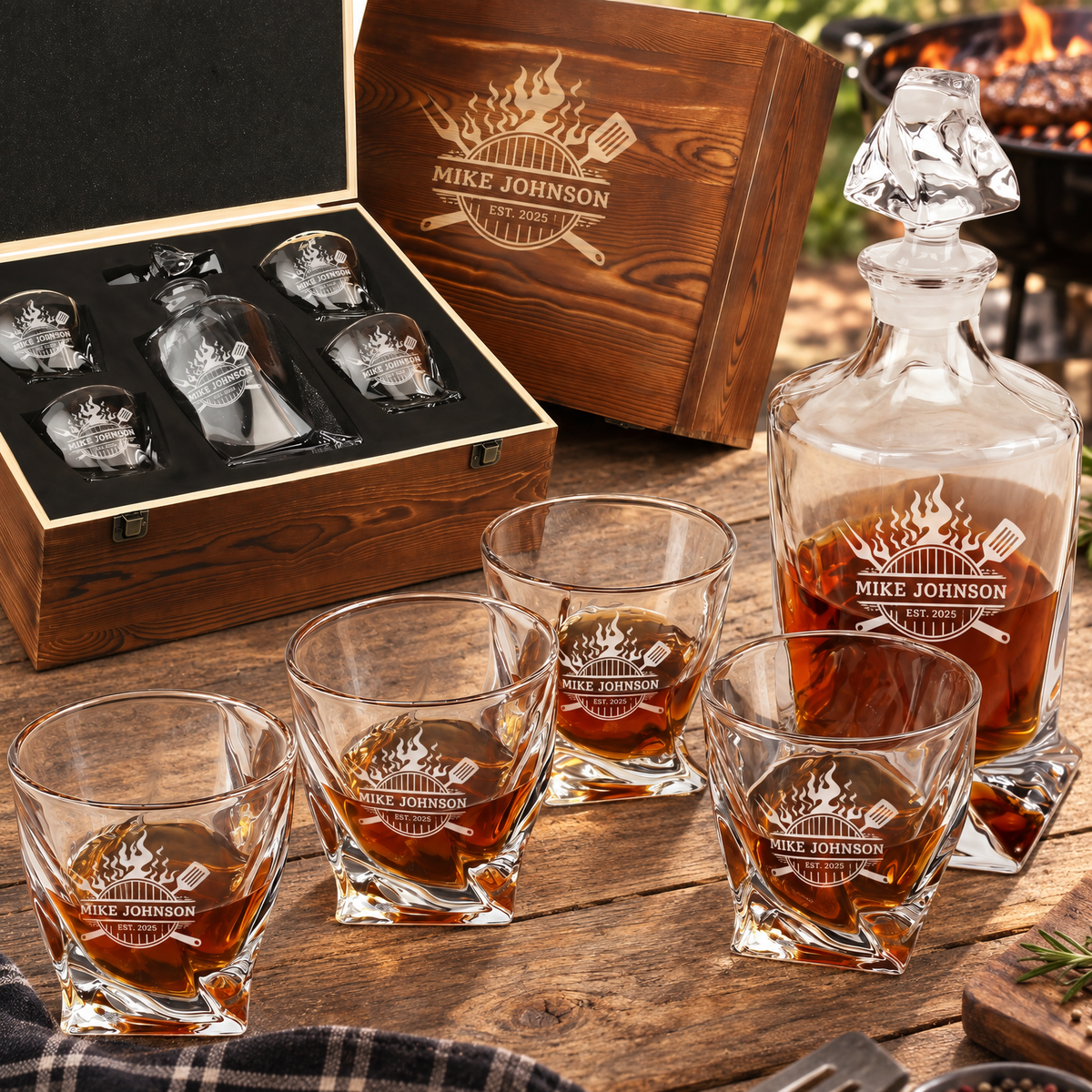 Gift for Grillmasters – Twisted Decanter Set with 4 Glasses & Wooden Box – image 01