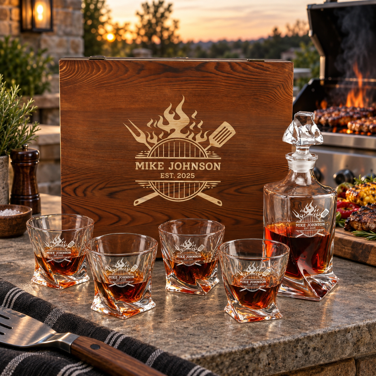 Gift for Grillmasters – Twisted Decanter Set with 4 Glasses & Wooden Box – image 12