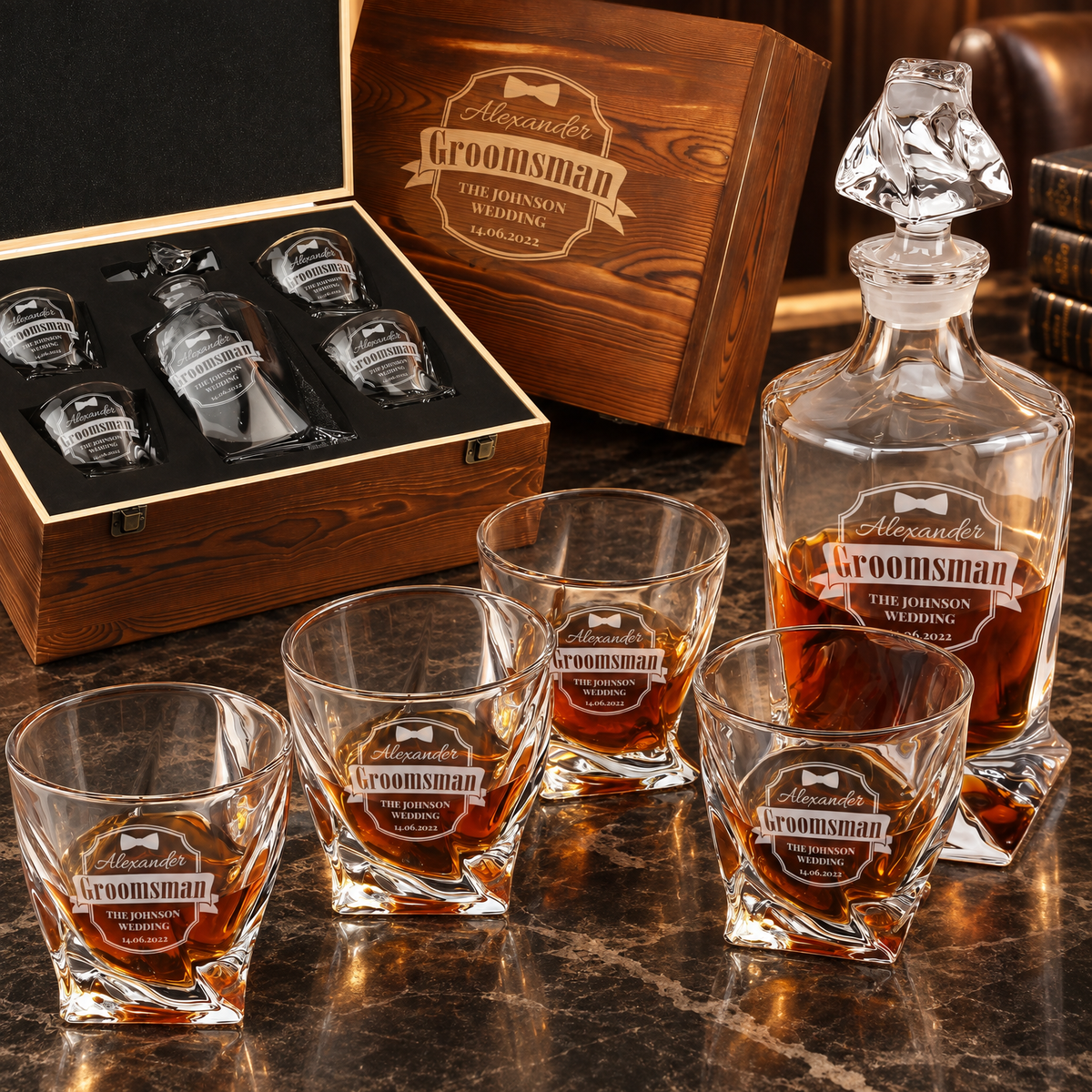 Groomsman Gift – Twisted Decanter Set with 4 Glasses & Wooden Box product image